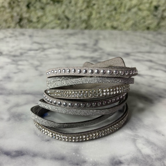 Jewelry - Grey Rhinestone & Rivet Faux Suede Wrap Bracelet